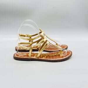 Sam Edelman Sandals Womens 6.5 Gold Leather Strappy Thong Ankle Strap Flat Shoes